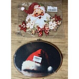 Vintage Retro Inspired Christmas Decor Lot Of 2 Art Wall Hangings Santa + Hat